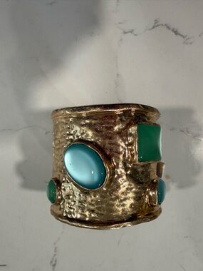 Gold-Tone Wide Cuff Bracelet with Turquoise and Green Accents